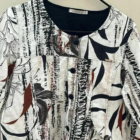 [Size4]Maloka Linen Blend  Button Down Black Lily Sketch Art light Jacket/Blouse - Picture 3 of 11